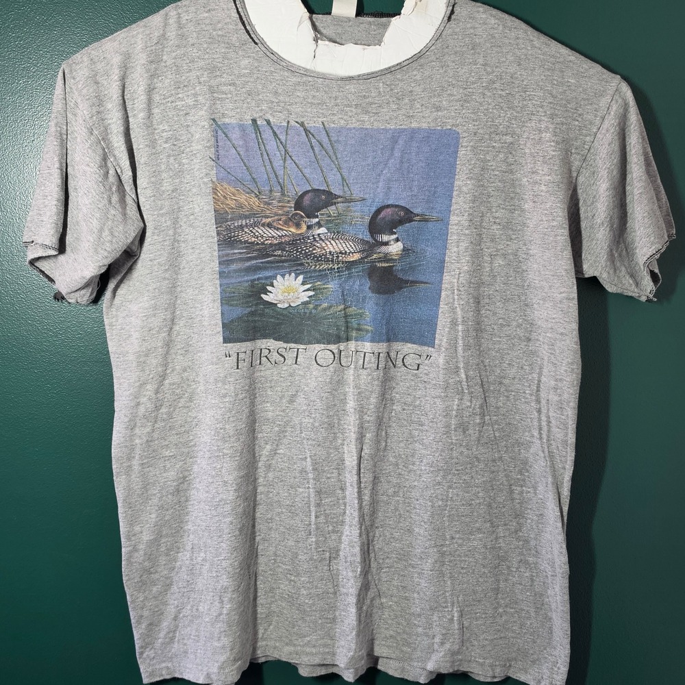 Vintage First Outing Loon Wildlife Graphic T-Shirt Gray Made in USA One Size